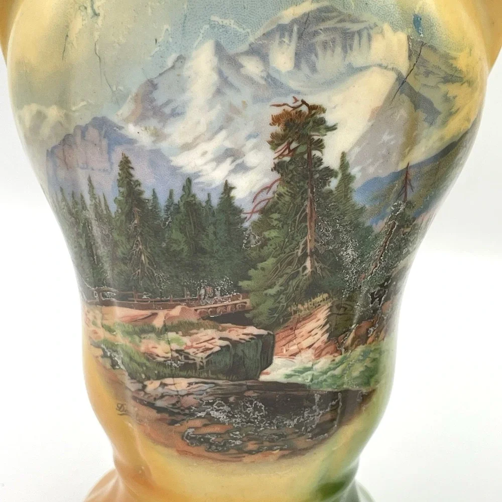 Antique Pair German Porcelain Scenic Mountain Landscape Double Handle Vases 10